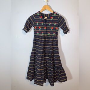 UTSA kids 9 10 year old Striped Navy long Dress red green Floral Embroidery tier